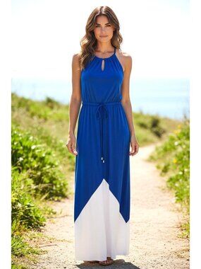Boston Proper Blue White Colorblock Halter Keyhole Drawstring Maxi Dress Size 8